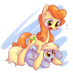 Size: 1957x1957 | Tagged: safe, artist:kaf_pone, derpibooru import, carrot top, derpy hooves, golden harvest, earth pony, pegasus, pony, g4, blush scribble, blush sticker, blushing, female, folded wings, lesbian, mare, open mouth, open smile, personal space invasion, ship:derpytop, shipping, simple background, smiling, wings