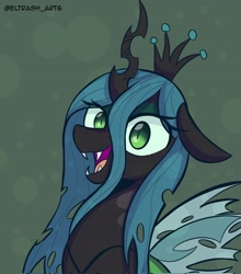 Size: 1805x2048 | Tagged: safe, artist:eltrash_art6, derpibooru import, queen chrysalis, changeling, changeling queen, g4, crown, cute, cutealis, eyeshadow, fangs, female, green background, jewelry, makeup, open mouth, regalia, simple background, solo