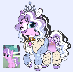 Size: 1920x1898 | Tagged: safe, artist:malinraf1615, derpibooru import, diamond tiara, earth pony, pony, g4, alternate design, alternate hairstyle, choker, clothes, coat markings, female, filly, foal, fur coat, horizonverse, jewelry, leg warmers, necklace, one eye closed, redesign, screencap reference, simple background, solo, tiara, unshorn fetlocks, wink