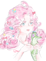 Size: 2598x3464 | Tagged: safe, artist:xinjinjumin596465364119, derpibooru import, gummy, pinkie pie, alligator, human, g4, bust, holding, humanized, open mouth, portrait, simple background, white background