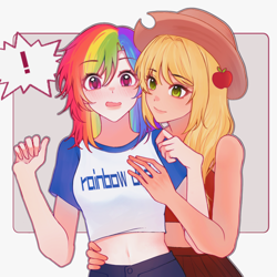 Size: 1500x1500 | Tagged: safe, artist:xinjinjumin149495925375, derpibooru import, applejack, rainbow dash, human, g4, appledash, belly, belly button, blushing, clothes, exclamation point, female, gray background, humanized, lesbian, multicolored hair, open mouth, passepartout, rainbow hair, shipping, shirt, simple background, skirt, smiling, t-shirt