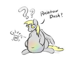 Size: 726x580 | Tagged: safe, alternate version, artist:voraciouscutie, derpibooru import, derpy hooves, rainbow dash, pegasus, pony, g4, accidental digestion, belly, belly button, big belly, chubby, clothes, death, derpypred, digestion, female, fetish, mare pred, mare prey, post-vore, preydash, see-through, translucent belly, transparent belly, transparent flesh, vore, weight gain