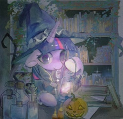 Size: 1265x1228 | Tagged: safe, artist:zuile82475, derpibooru import, twilight sparkle, pony, unicorn, g4, book, bottle, costume, female, halloween, holiday, horn, jack-o-lantern, jar, lantern, mare, pumpkin, star swirl the bearded costume