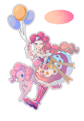 Size: 1640x2360 | Tagged: safe, artist:海苔嗨体, derpibooru import, pinkie pie, earth pony, human, pony, equestria girls, g4, balloon, boots, clothes, dress, gala dress, humanized, one eye closed, outline, self paradox, self ponidox, shoes, simple background, smiling, tongue, tongue out, white background, white outline, wink