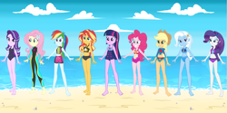 Size: 5000x2496 | Tagged: safe, artist:3d4d, artist:invisibleink, derpibooru import, applejack, fluttershy, pinkie pie, rainbow dash, rarity, sci-twi, starlight glimmer, sunset shimmer, trixie, twilight sparkle, human, equestria girls, g4, beach, clothes, female, humane five, humane seven, humane six, ocean, summer, swimsuit, water