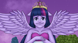 Size: 2388x1332 | Tagged: safe, artist:theedgyduck, derpibooru import, twilight sparkle, human, equestria girls, g4, bare shoulders, big crown thingy, crown, ears, element of magic, fall formal outfits, female, floppy ears, jewelry, my little pony equestria girls, ponied up, pony ears, regalia, scene interpretation, sleeveless, solo, spread wings, twilight ball dress, wings