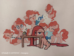 Size: 750x563 | Tagged: safe, artist:chengyzy, derpibooru import, pinkie pie, earth pony, pony, g4, cupcake, eyes closed, food, multeity, party horn, pinkamena diane pie, solo, starry eyes, table, too much pink energy is dangerous, wingding eyes, выгорание