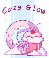 Size: 1000x1200 | Tagged: safe, artist:nayeonsoul, derpibooru import, cozy glow, pegasus, pony, g4, chibi, cloud, cupcake, donut, female, filly, foal, food, solo, sparkles, spread wings, text, tiny, tiny ponies, wings