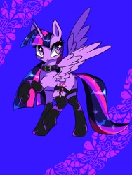 Size: 1200x1600 | Tagged: safe, artist:stacy_165cut, derpibooru import, twilight sparkle, twilight sparkle (alicorn), alicorn, pony, g4, abstract background, bangs, big eyes, bipedal, black collar, black socks, blush lines, blushing, clothes, collar, dock, eyelashes, female, flustered, frown, garter belt, garters, horn, latex, latex collar, latex socks, long horn, long mane, long socks, long tail, looking up, mare, purple coat, purple eyes, raised hoof, raised leg, shiny mane, shiny tail, socks, solo, sparkly eyes, sparkly mane, sparkly tail, straight mane, straight tail, tail, three toned mane, three toned tail, unicorn horn, wingding eyes