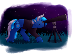 Size: 4000x3000 | Tagged: safe, artist:decemberbreeze, derpibooru import, oc, oc only, oc:silver comet, pony, unicorn, horn, night, solo, stars, telescope, unicorn oc