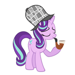 Size: 1920x1920 | Tagged: safe, artist:delectablecoffee, artist:starlightglimmer04, derpibooru import, edit, starlight glimmer, pony, unicorn, g4, .svg available, bubble pipe, cute, deerstalker, detective, eyes closed, female, glimmerbetes, hat, horn, mare, pipe, raised hoof, raised leg, sherlock glimmer, sherlock holmes, show accurate, simple background, smiling, solo, transparent background, vector