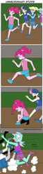 Size: 819x3329 | Tagged: safe, artist:pheeph, derpibooru import, bon bon, derpy hooves, lyra heartstrings, pinkie pie, sweetie drops, human, equestria girls, g4, comic, crash, female, laces, old master q, parody, running, track and field, tripping, tying shoes