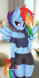 Size: 2930x5803 | Tagged: safe, artist:omi, derpibooru import, rainbow dash, anthro, pegasus, g4, belly, belly button, cellphone, clothes, collar, commission, cosplay, costume, female, fingerless gloves, gloves, hellaverse, helluva boss, loona (helluva boss), mare, pentagram, phone, short shirt, shorts, smartphone, solo, spiked collar