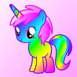 Size: 900x900 | Tagged: artist needed, oc name needed, safe, derpibooru import, oc, oc only, pony, unicorn, big horn, colored horn, donut steel, female, filly, foal, gradient background, gradient body, horn, looking at you, pink background, pink eyes, rainbow body, rainbow gradient, rainbow horn, rainbow tail, simple background, solo, standing, tail