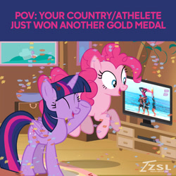 Size: 2160x2160 | Tagged: safe, artist:zslnews, derpibooru import, pinkie pie, twilight sparkle, twilight sparkle (alicorn), alicorn, earth pony, pony, g4, ^^, confetti, duo, duo female, eyes closed, female, mare, olympics, paris 2024, television