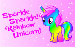 Size: 1280x800 | Tagged: artist needed, oc name needed, safe, derpibooru import, oc, oc only, pony, unicorn, big horn, colored horn, donut steel, female, filly, foal, gradient background, gradient body, horn, looking at you, pink background, pink eyes, rainbow body, rainbow gradient, rainbow horn, rainbow tail, simple background, sparkles, standing, tail, wallpaper