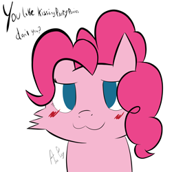 Size: 3000x3000 | Tagged: safe, alternate version, artist:ace play, derpibooru import, pinkie pie, earth pony, pony, g4, :3, blush scribble, blushing, boykisser, dialogue, high res, meme, ponified, ponified meme, simple background, solo, white background