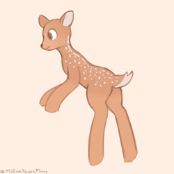 Size: 1500x1500 | Tagged: safe, artist:millionyearspony, derpibooru exclusive, derpibooru import, deer, deer pony, hybrid, original species, pony, g4, brown eyes, brown fur, butt, orange background, plot, short tail, simple background, tail