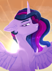 Size: 800x1080 | Tagged: safe, artist:mintkly, derpibooru import, twilight sparkle, twilight sparkle (alicorn), alicorn, pony, g4, backlighting, bust, chest fluff, crepuscular rays, ear fluff, ears, ears back, female, grin, looking at you, looking down, looking down at you, mare, portrait, profile, smiling, smug, solo, spread wings, sunset, wings