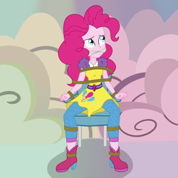 Size: 2500x2500 | Tagged: safe, artist:nie-martw-sie-o-mnie, derpibooru import, part of a set, pinkie pie, human, dance magic, equestria girls, g4, bondage, boots, bound and gagged, chair, cleave gag, cloth gag, clothes, equestria girls specials, femsub, gag, high heel boots, high heels, leggings, pinkiesub, rope, rope bondage, shoes, solo, submissive