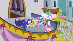 Size: 1280x720 | Tagged: safe, derpibooru import, screencap, applejack, bruce mane, caesar, dark moon, diamond mint, discord, eclair créme, fluttershy, graphite, lyrica lilac, masquerade, mr. waddle, north star, orion, parasol, pinkie pie, ponet, princess celestia, princess luna, rainbow dash, rarity, royal ribbon, sealed scroll, spring forward, star gazer, twilight sparkle, twilight sparkle (alicorn), alicorn, earth pony, pegasus, pony, unicorn, g4, magical mystery cure, season 3, big crown thingy, classy clover, clothes, cobalt (g4), coronation dress, count caesar, dress, element of magic, graceful falls, horn, jewelry, mint swirl, pampered pearl, regalia, serene waves, shooting star (g4), summer nights, wilma