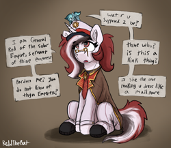 Size: 2370x2061 | Tagged: safe, artist:reddthebat, derpibooru import, oc, oc:alaska (reddthebat), oc:red rocket, earth pony, unicorn, boots, cap, cape, clothes, dialogue, glasses, hat, horn, necktie, pants, shoes, silly, solar empire, uniform