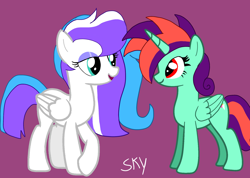 Size: 1800x1281 | Tagged: safe, artist:skycandy, derpibooru import, oc, oc only, oc:cristal white, oc:skycandy, alicorn, pegasus, pony, base used, duo, duo female, eyeshadow, female, folded wings, lidded eyes, looking at each other, looking at someone, magenta background, makeup, mare, no nose, open mouth, open smile, purple eyeshadow, red eyes, simple background, smiling, wings