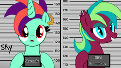 Size: 1478x830 | Tagged: safe, artist:skycandy, derpibooru import, oc, oc only, oc:bitter soundflare, oc:skycandy, alicorn, bat pony, barbie mugshot meme, duo, duo female, female, meme, mugshot