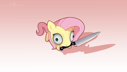 Size: 6000x3427 | Tagged: safe, artist:evehly, derpibooru import, fluttershy, pegasus, pony, g4, adoracreepy, chibi, creepy, cute, digital art, eye bulging, female, gradient background, grimcute, imminent violence, knife, mare, mouth hold, now you fucked up, peace was never an option, shadow, shyabetes, solo, stubby legs, this will end in pain and/or tears and/or death, this will not end well