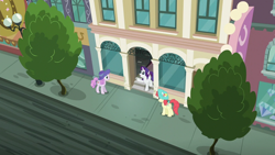 Size: 1280x720 | Tagged: safe, derpibooru import, screencap, crimson cream, fashion statement, mare e. belle, pearmain worcester, rarity, earth pony, pony, unicorn, g4, female, hat, high angle, horn, lamppost, looking at someone, manehattan, mare, rarity for you, tree, trio