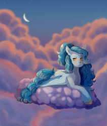 Size: 3800x4500 | Tagged: safe, artist:sshakess, derpibooru import, oc, oc only, pegasus, pony, absurd resolution, cloud, crescent moon, female, lying down, lying on a cloud, mare, moon, on a cloud, prone, sky background, smiling, solo, sploot