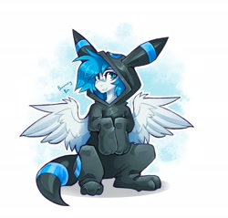 Size: 2479x2366 | Tagged: safe, artist:buvanybu, derpibooru import, oc, pegasus, pony, clothes, costume, kigurumi, looking at you, pokémon, simple background, solo, spread wings, umbreon, white background, wings