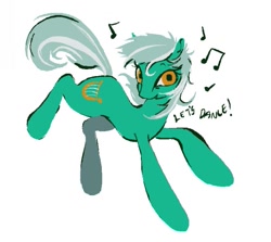 Size: 663x592 | Tagged: safe, artist:bbabieca, derpibooru import, lyra heartstrings, earth pony, pony, g4, dancing, dialogue, earth pony lyra heartstrings, female, mare, music notes, simple background, solo, white background