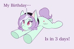 Size: 2048x1365 | Tagged: safe, artist:mscolorsplash, derpibooru import, oc, oc only, oc:mod chi, pony, unicorn, colored pupils, eye clipping through hair, eyebrows, eyebrows visible through hair, female, hat, horn, lying down, mare, ponysona, prone, purple background, simple background, solo, sploot, underhoof