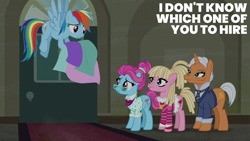 Size: 2000x1125 | Tagged: safe, derpibooru import, edit, edited screencap, editor:quoterific, screencap, bleeding heart, blue bobbin, rainbow dash, starke kragen, earth pony, pegasus, unicorn, g4, the saddle row review, clothes, female, glasses, horn, mare, rarity for you