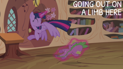 Size: 2000x1125 | Tagged: safe, derpibooru import, edit, edited screencap, editor:quoterific, screencap, spike, twilight sparkle, twilight sparkle (alicorn), alicorn, dragon, pony, g4, season 4, three's a crowd, duo, duo male and female, female, golden oaks library, magic, male, smiling, telekinesis, wingless spike