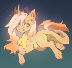 Size: 4000x3771 | Tagged: safe, artist:helemaranth, derpibooru import, oc, oc:estrella star, dracony, dragon, hybrid, chest fluff, ear fluff, ears, female, gradient background, horn, hybrid oc, interspecies offspring, offspring, parent:oc:polina star, parent:oc:yiazmat, parents:oc x oc, paws, solo, tail