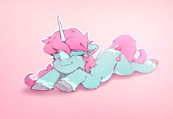 Size: 2153x1481 | Tagged: safe, artist:itssim, derpibooru import, oc, oc only, oc:scoops, pony, unicorn, commission, cute, dock, eyes closed, female, horn, lying down, mare, not minty, ocbetes, prone, smiling, solo, sploot, tail, unicorn oc, unshorn fetlocks