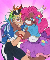 Size: 1080x1296 | Tagged: safe, artist:hazel_artist, derpibooru import, pinkie pie, rainbow dash, human, g4, dark skin, female, human coloration, humanized, kotobukiya, kotobukiya pinkie pie, kotobukiya rainbow dash, lesbian, pinkiedash, shipping