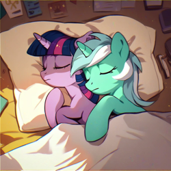 Size: 1024x1024 | Tagged: safe, ai content, derpibooru import, generator:pony diffusion v6 xl, generator:purplesmart.ai, generator:stable diffusion, machine learning generated, lyra heartstrings, twilight sparkle, unicorn twilight, pony, unicorn, g4, bed, cuddling, female, lesbian, pillow, prompter:jesterofdestiny, ship:twyra, shipping, sleeping, spooning