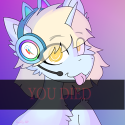 Size: 3072x3072 | Tagged: safe, artist:vinyvitz, derpibooru exclusive, derpibooru import, oc, oc only, oc:aria taitava, unicorn, :p, abstract background, bust, cat ears, chest fluff, clipping, close-up, dark souls, ear fluff, ears, female, gradient background, hair over one eye, headphones, headset, horn, looking at you, microphone, mlem, silly, solo, text, tongue, tongue out