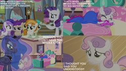 Size: 2000x1125 | Tagged: safe, derpibooru import, edit, edited screencap, editor:quoterific, screencap, brown sugar, plumberry, princess luna, rarity, sweetie belle, pony, for whom the sweetie belle toils, g4, season 4, 5-year-old sweetie belle, banana peel (g4), bed, burnout (g4), cake, crying, food, lightning flare, mint flower, plum star, titania