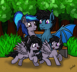 Size: 4855x4544 | Tagged: safe, artist:sroka001, derpibooru import, oc, oc only, bat pony, pegasus, pony, family, forest background, grass, horn