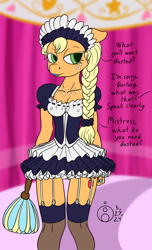 Size: 912x1500 | Tagged: safe, artist:sepiakeys, derpibooru import, applejack, anthro, earth pony, g4, alternate hairstyle, applerack, breasts, chest freckles, clothes, dialogue, duster, ears back, freckles, garter belt, garter straps, implied rarity, maid, maidjack, offscreen character, solo, stockings, thigh highs