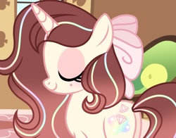 Size: 1559x1220 | Tagged: safe, artist:cstrawberrymilk, derpibooru import, oc, oc:primrose evelyne, pony, unicorn, beauty mark, bow, butt, eyelashes, eyes closed, female, gradient mane, gradient tail, hair accessory, hair bow, horn, indoors, mane accessory, mare, pink coat, plot, profile, screencap background, smiling, solo, striped mane, striped tail, tail, unicorn horn