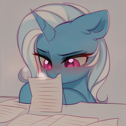 Size: 864x864 | Tagged: safe, ai content, derpibooru import, generator:pony diffusion v6 xl, generator:stable diffusion, machine learning generated, trixie, pony, unicorn, g4, cute, female, horn, mouth hold, paper, prompter:frozzy7x, simple background, solo