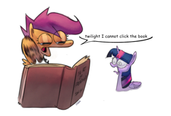 Size: 3387x2285 | Tagged: safe, artist:cryena, derpibooru import, scootaloo, twilight sparkle, twilight sparkle (alicorn), alicorn, pegasus, pony, g4, book, boomer humor, duo, female, filly, foal, mare, narrowed eyes, shocked, shocked expression, simple background, speech bubble, tapping, white background