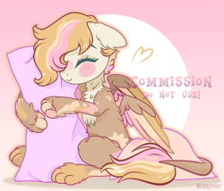 Size: 1920x1646 | Tagged: safe, artist:scarffist, derpibooru import, oc, pony, base used, commission, cute, fluffy, hug, long tail, paws, pillow, pink background, short hair, short mane, simple background, tail, wings, ych result