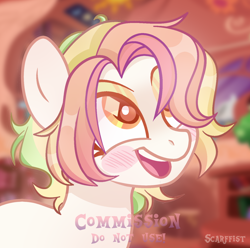 Size: 1920x1908 | Tagged: safe, artist:scarffist, derpibooru import, oc, oc only, earth pony, pony, bust, commission, cute, golden eyes, happy, light skin, multicolored hair, portrait, rainbow hair, short hair, short mane