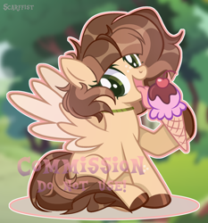 Size: 1920x2056 | Tagged: safe, artist:scarffist, derpibooru import, oc, pegasus, pony, base used, commission, cute, eating, food, green eyes, happy, ice cream, short hair, short mane